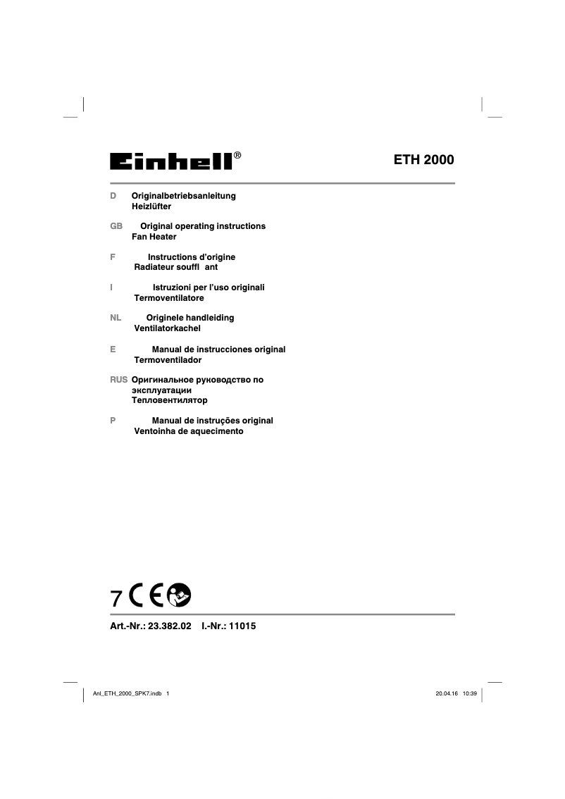 Page n°1 - Manuel utilisateur Einhell ETH 2000