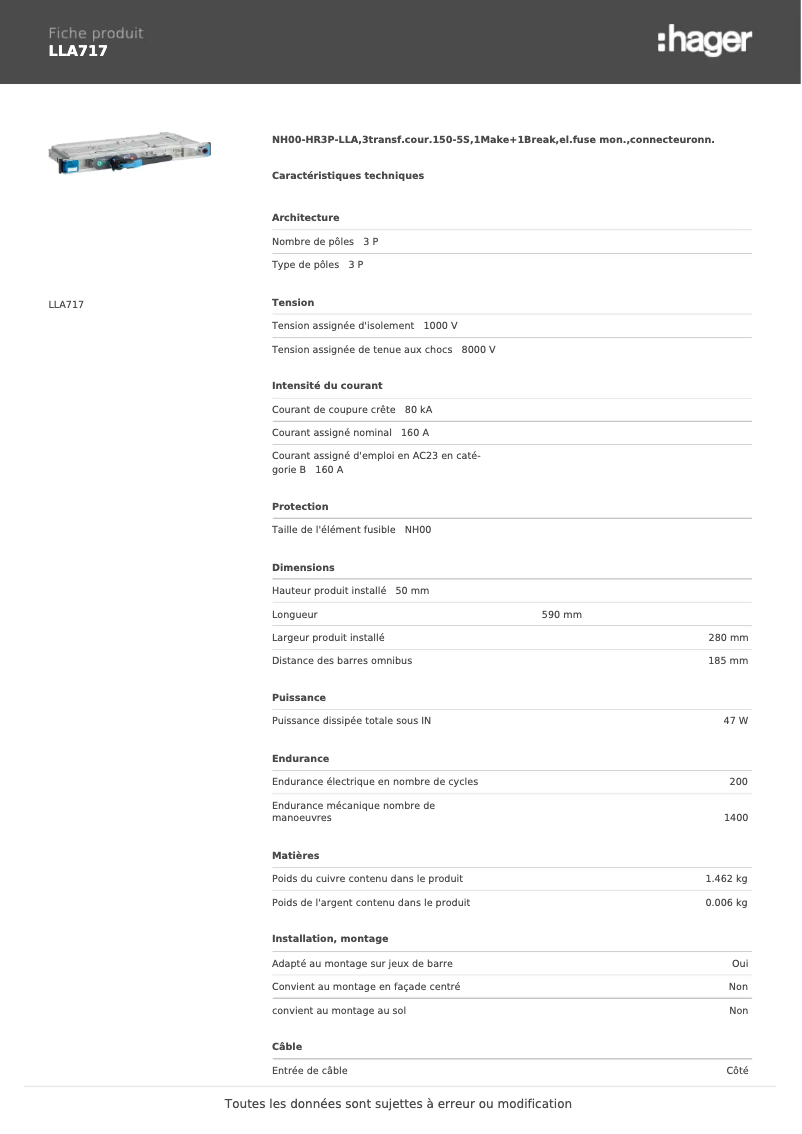 Página 1 del manual Ficha técnica Hager LLA717