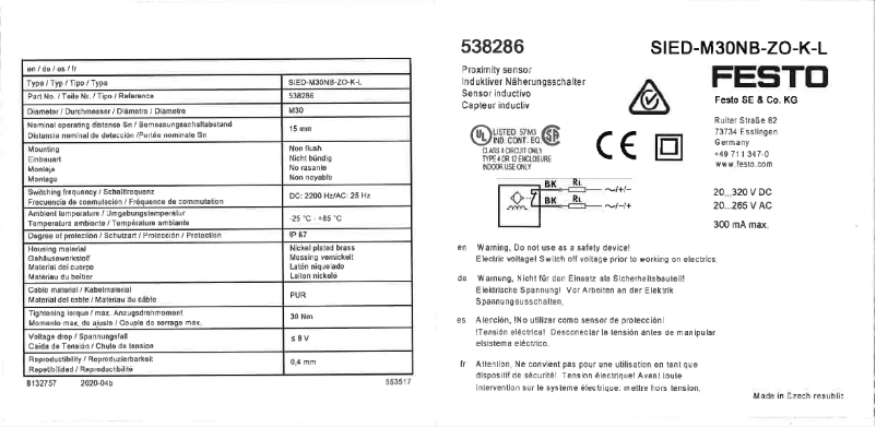 Page 1 de la notice Manuel utilisateur Festo SIED-M30NB-ZO-K-L