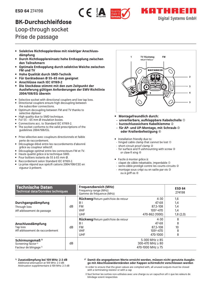 Page 1 de la notice Fiche technique Kathrein ESD 64