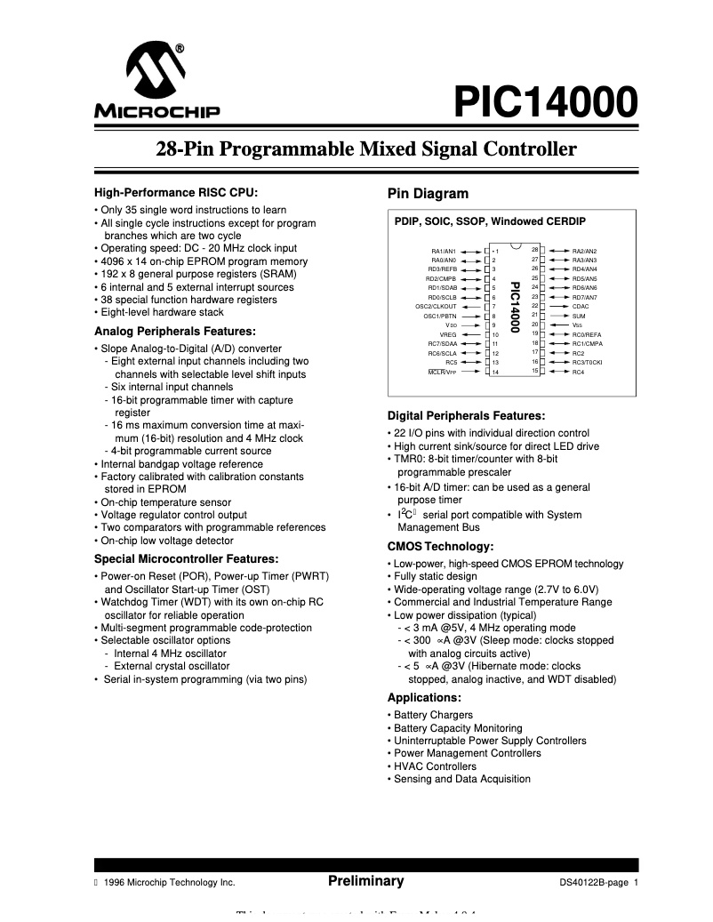 Page 1 de la notice Fiche technique Microchip PIC14000