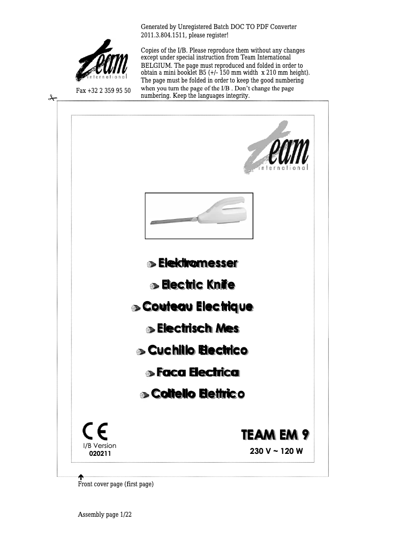 Page 1 de la notice Manuel utilisateur Team EM 9