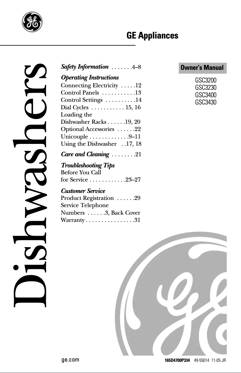 Page n°1 - Manuel d'utilisation et d'entretien GE GSC3230FWW