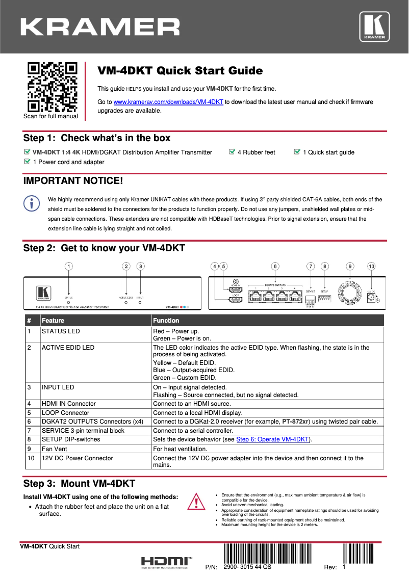 Page n°1 - Manuel utilisateur Kramer VM-4DKT
