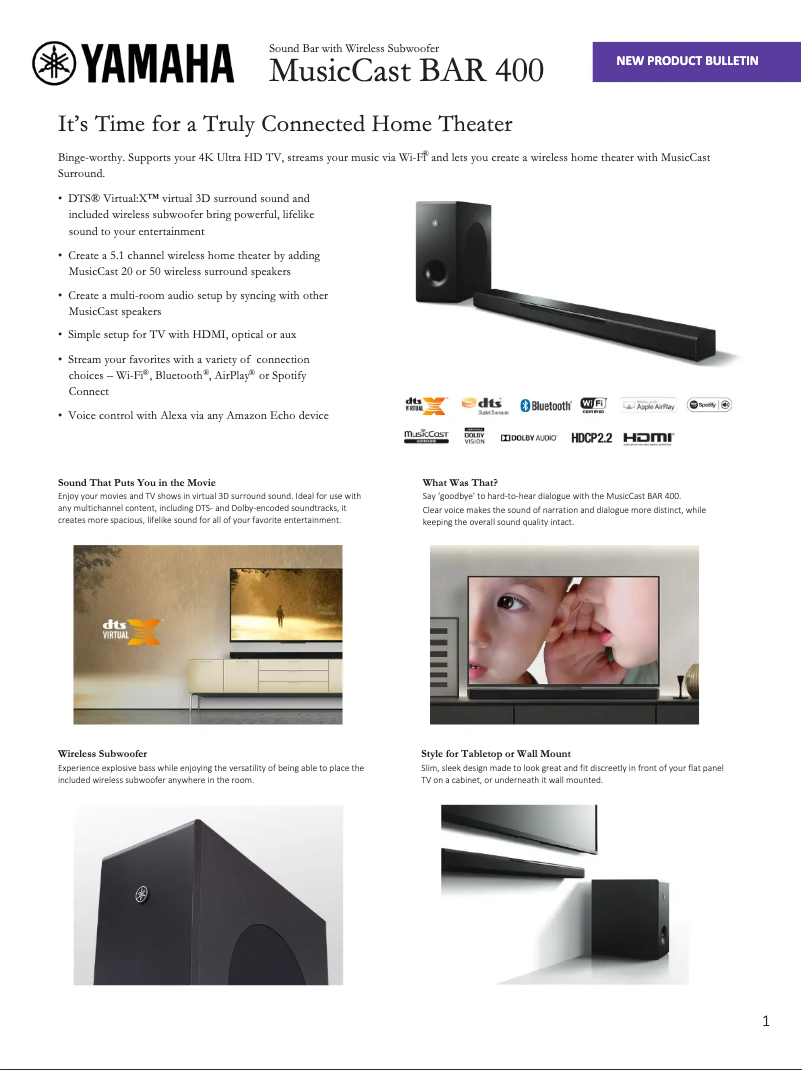 Page 1 de la notice Fiche technique Yamaha MusicCast BAR 400