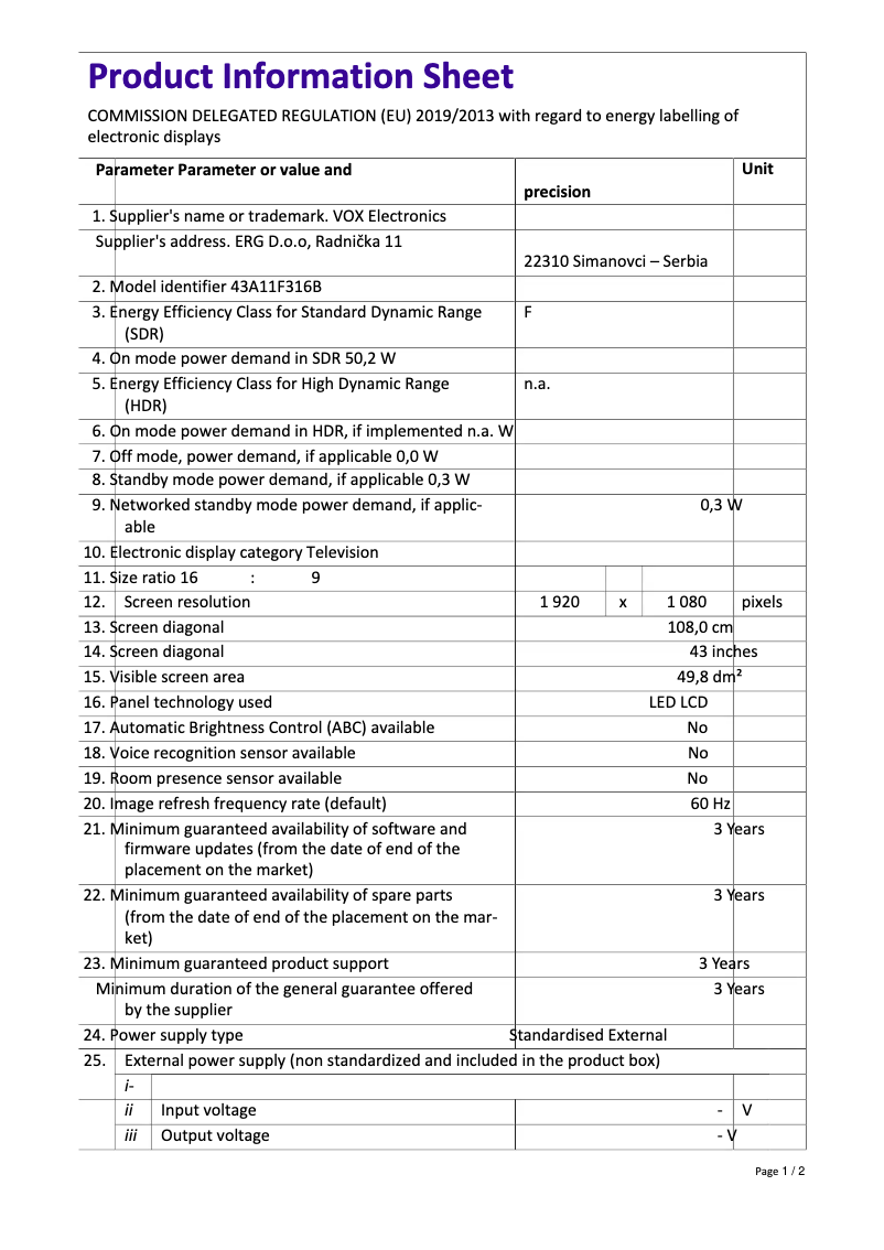 Page 1 de la notice Manuel utilisateur VOX 43A11F316B