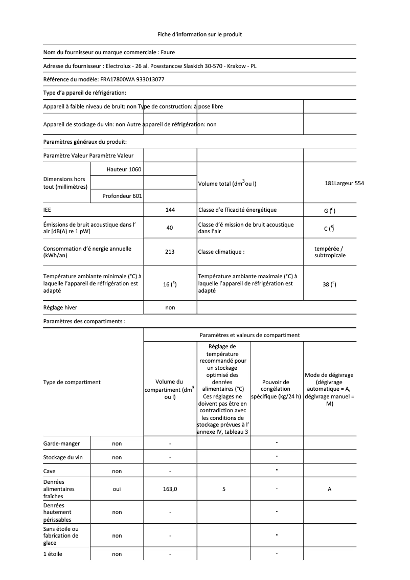 Page 1 de la notice Fiche technique Faure FRA17800WA