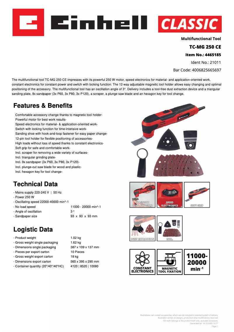 Page 1 de la notice Fiche technique Einhell TC-MG 250 CE