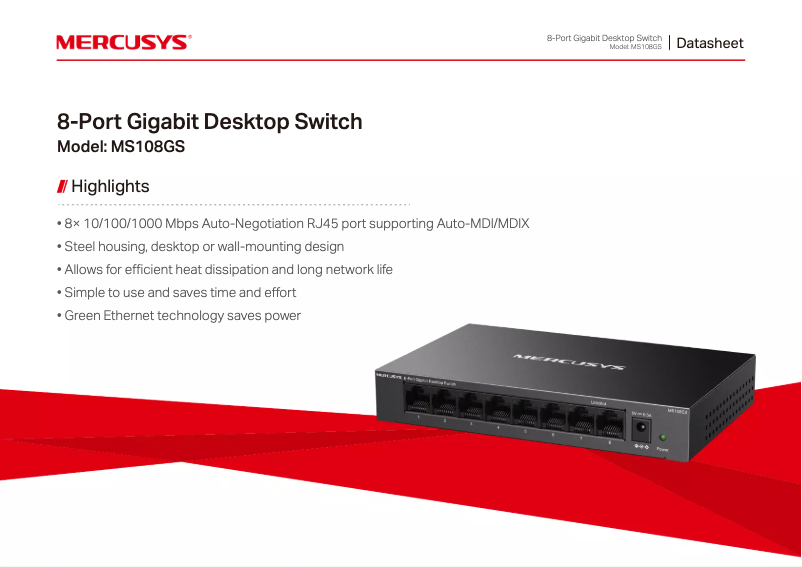 Page 1 de la notice Fiche technique Mercusys MS108GS