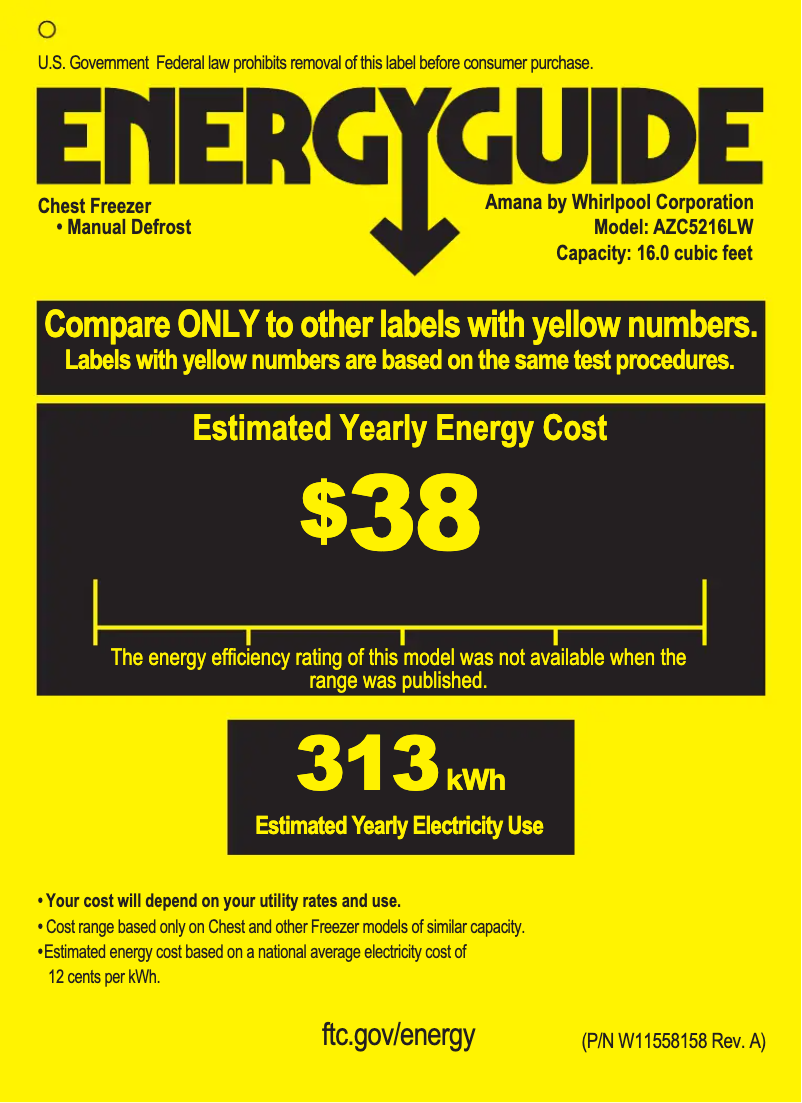 Page 1 de la notice Label énergétique Amana AZC5216LW