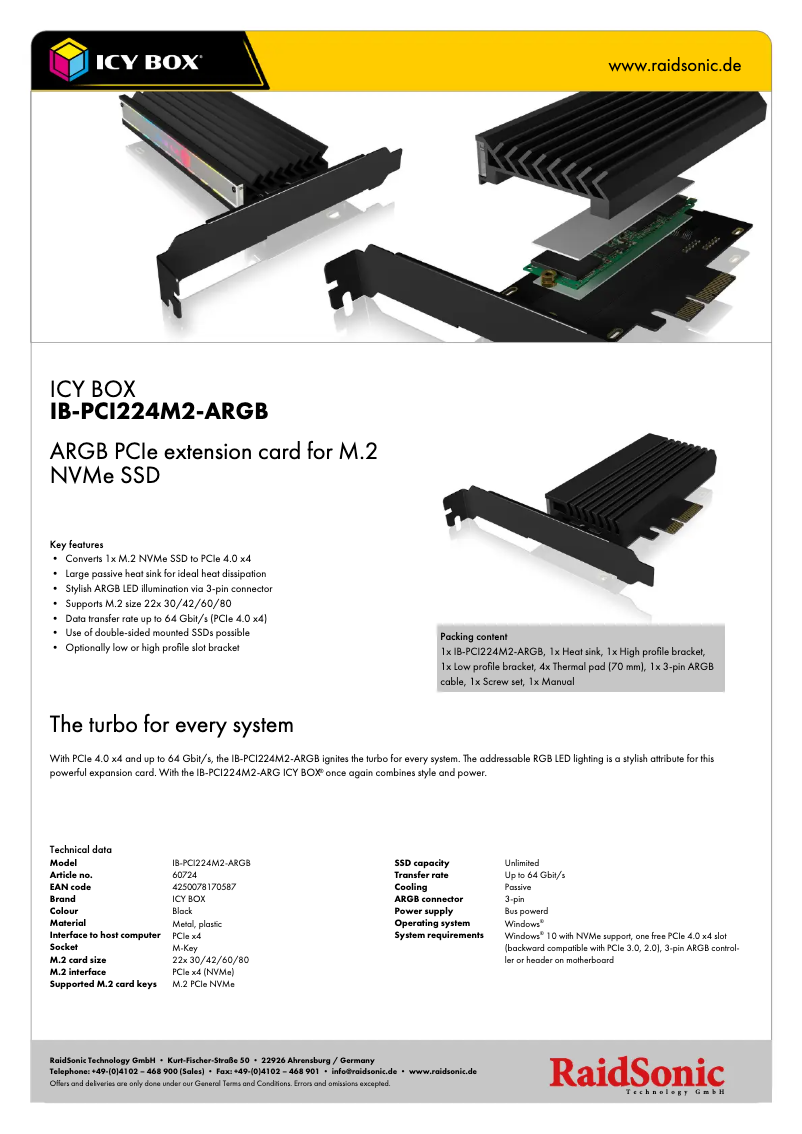 Page 1 de la notice Fiche technique Icy Box IB-PCI224M2-ARGB
