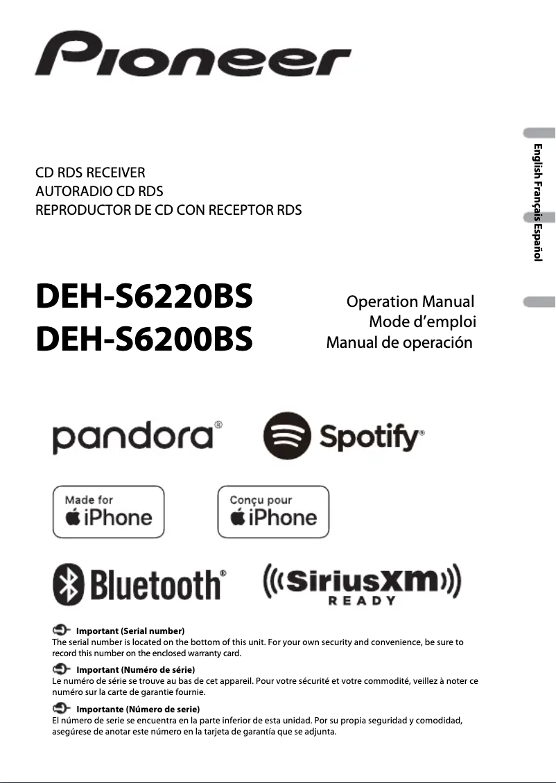 Page 1 de la notice Manuel utilisateur Pioneer DEH-S6220BS