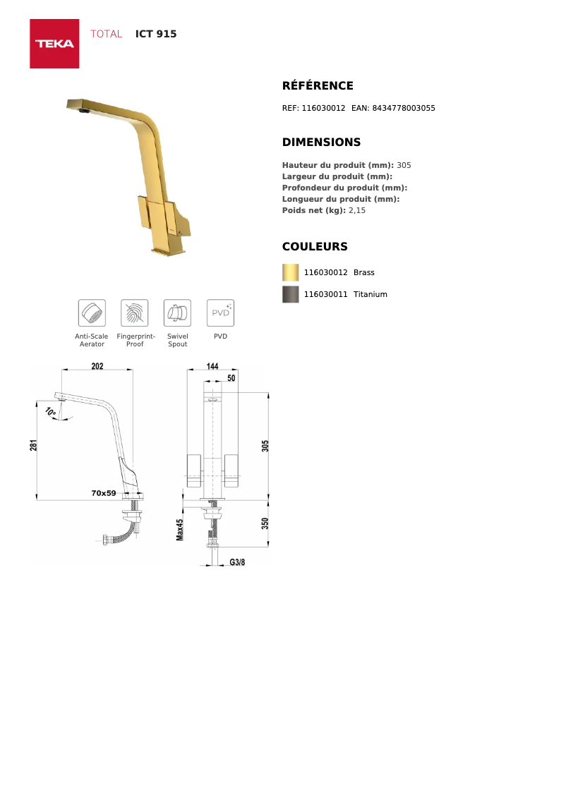 Page n°1 - Fiche technique Teka ICT 915