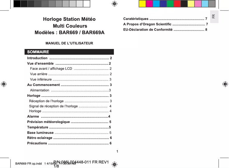 Page 1 de la notice Manuel utilisateur Oregon Scientific BAR669A