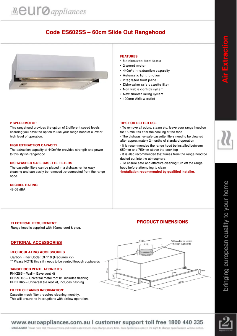 Page n°1 - Fiche technique Euro Appliances ES602SS