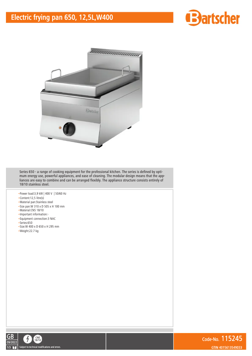 Page 1 of the manual Technical Sheet Bartscher 115245