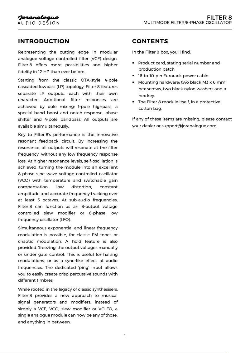 Page 1 de la notice Manuel utilisateur Joranalogue Filter 8