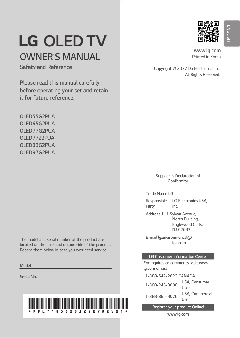 Page 1 de la notice Manuel utilisateur LG OLED77G2PUA