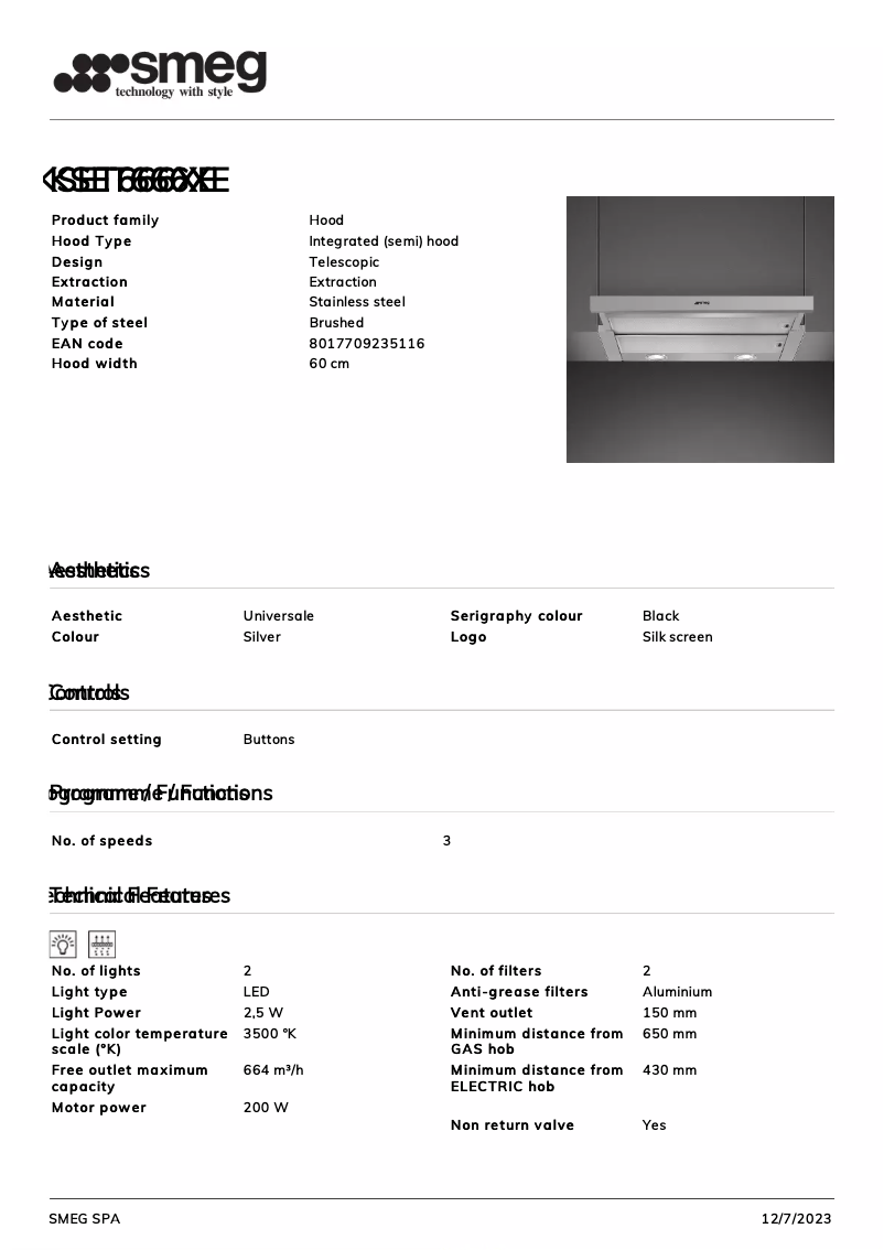 Page 1 de la notice Fiche technique Smeg KSET666XE