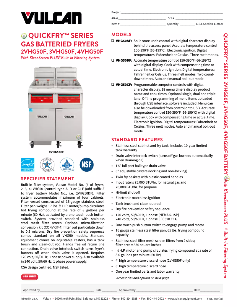 Page 1 de la notice Fiche technique Vulcan VHG50