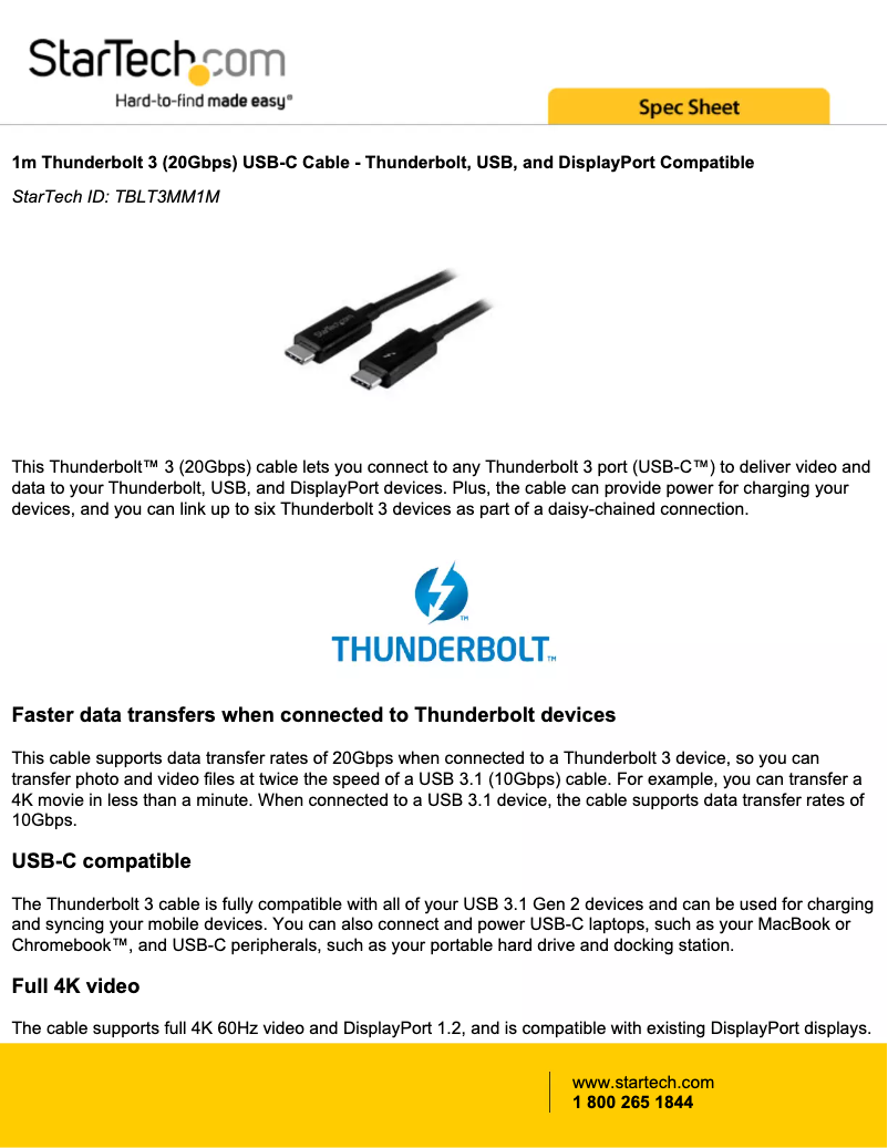 Page n°1 - Manuel utilisateur StarTech.com TBLT3MM1M