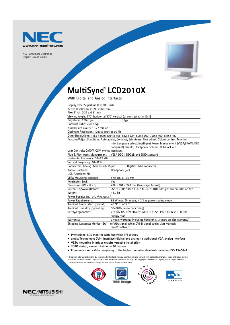 Página 1 del manual Ficha técnica NEC MultiSync LCD2010X