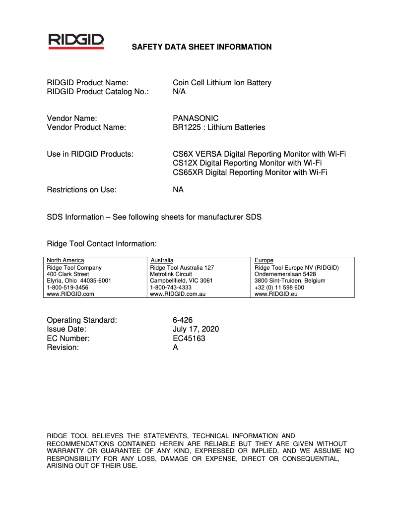 Page 1 de la notice Fiche technique Ridgid SeeSnake CS12x