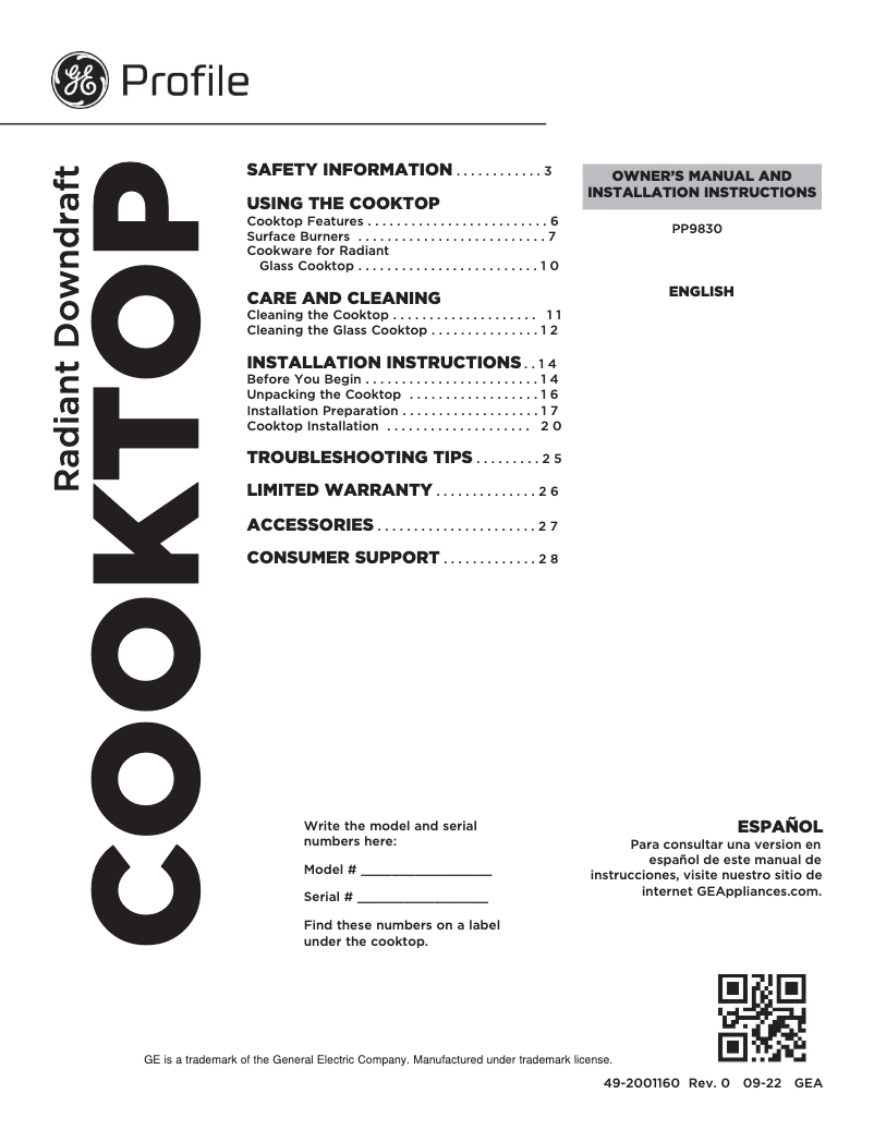 Página 1 del manual Manual de uso y mantenimiento GE Profile PP9830DRBB