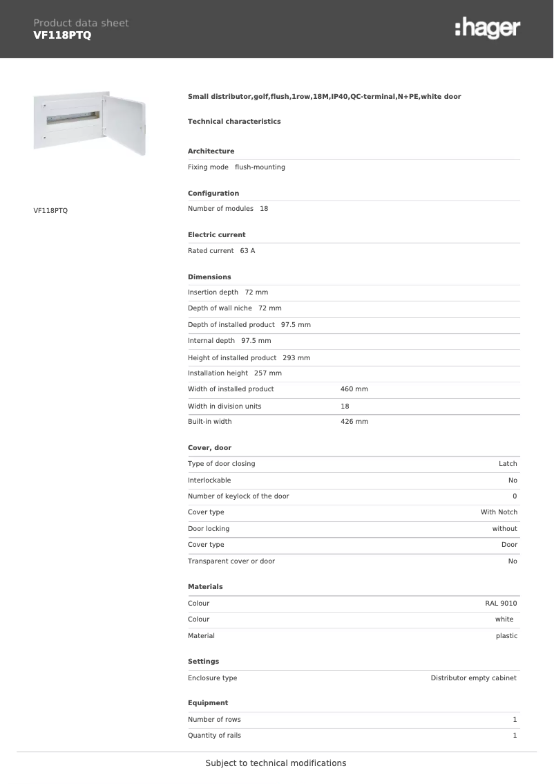 Page 1 de la notice Fiche technique Hager VF118PTQ