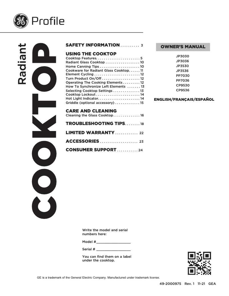 Page n°1 - Manuel utilisateur GE JP3030DWBB