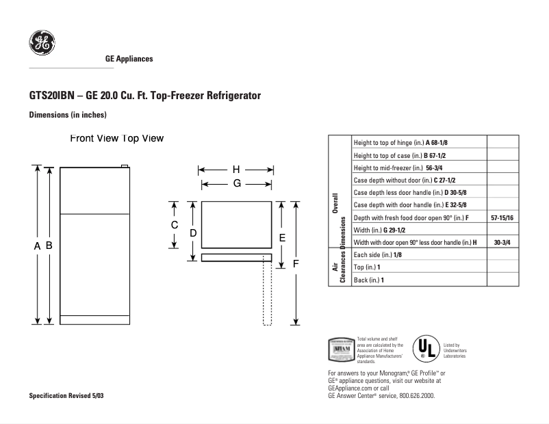 Page n°1 - Fiche technique GE GTS20IBNWW