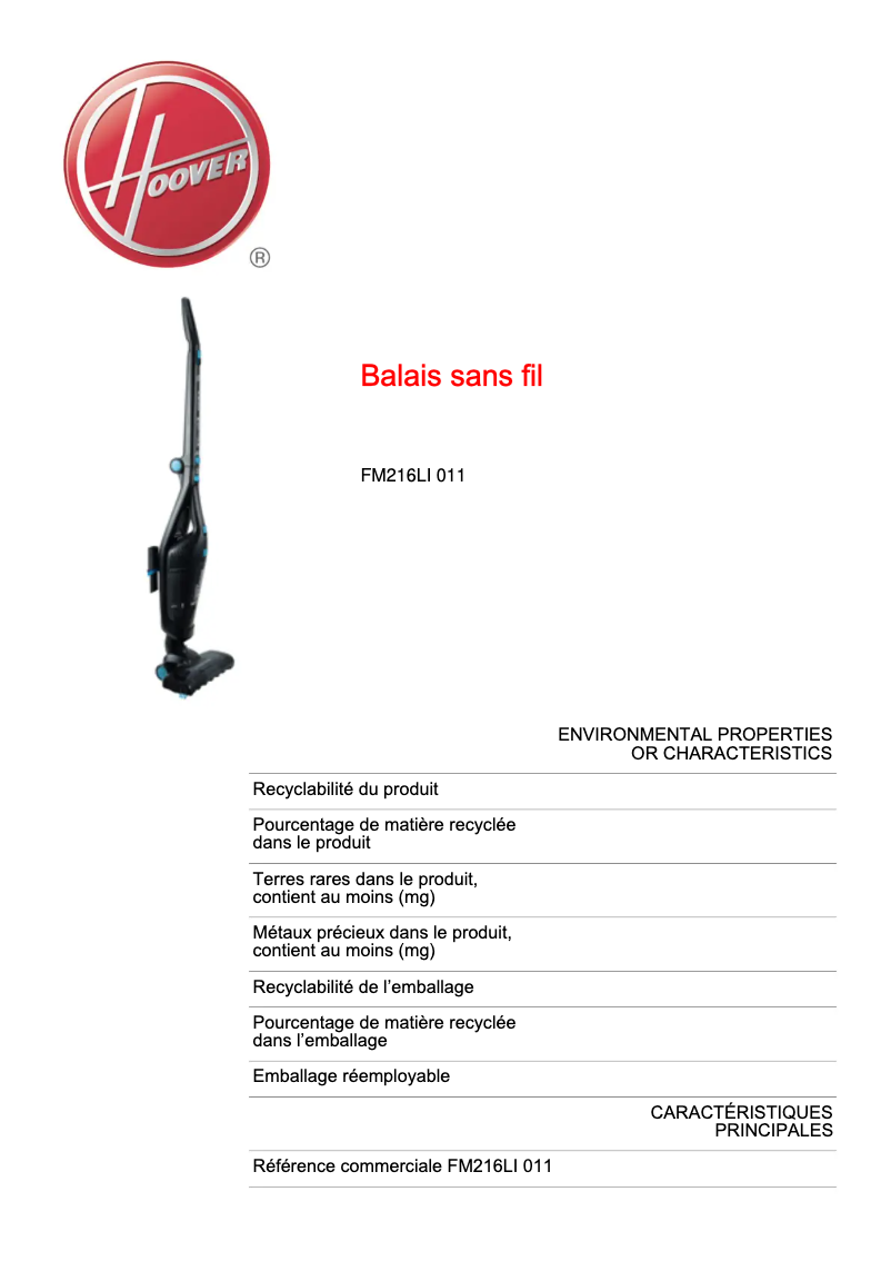 Página 1 del manual Ficha técnica Hoover FM216LI 011