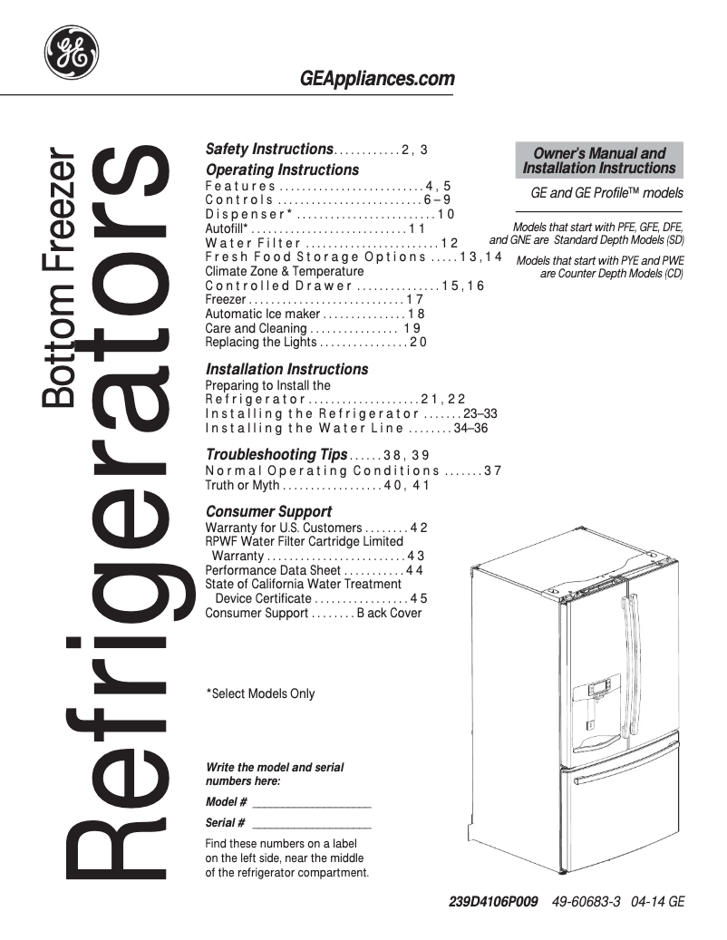 Page n°1 - Manuel d'utilisation et d'entretien GE Adora DFE29JGDBB