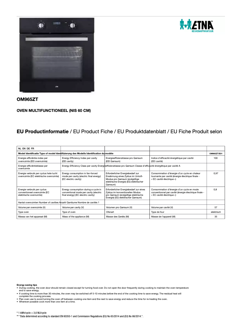 Page n°1 - Fiche technique Etna OM965ZT