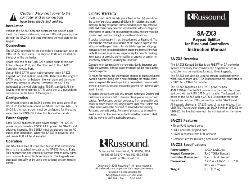 Page 1 de la notice Manuel utilisateur Russound SA-ZX3