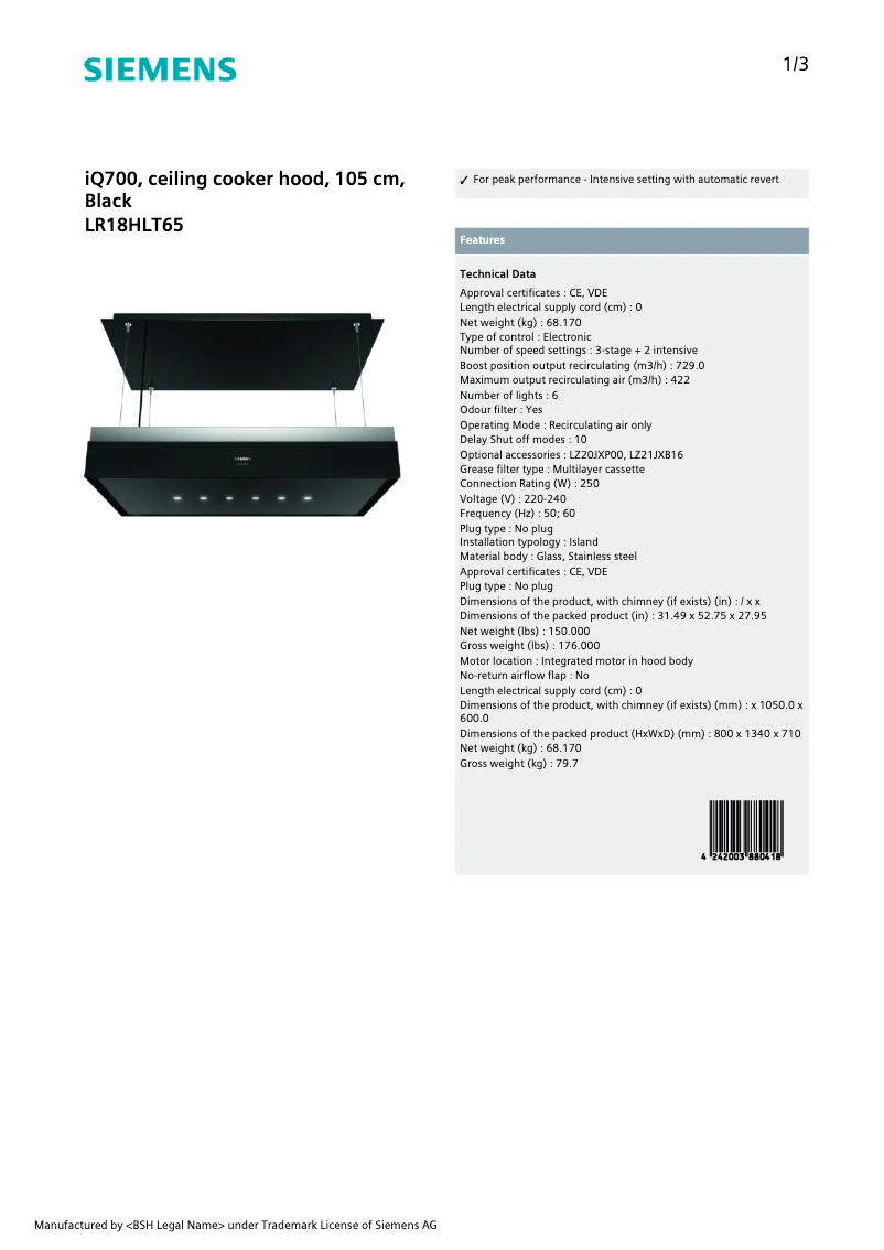 Page n°1 - Fiche technique Siemens LR18HLT65