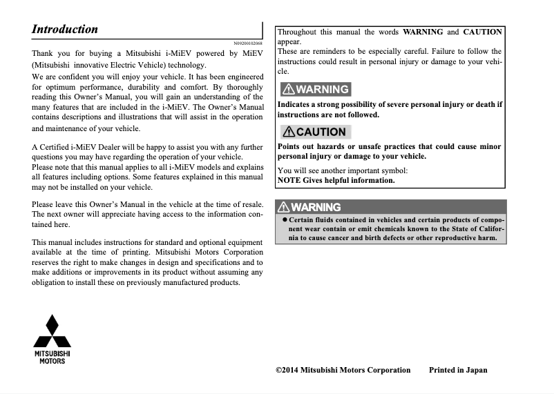 Page 1 de la notice Manuel utilisateur Mitsubishi i-MiEV (2014)