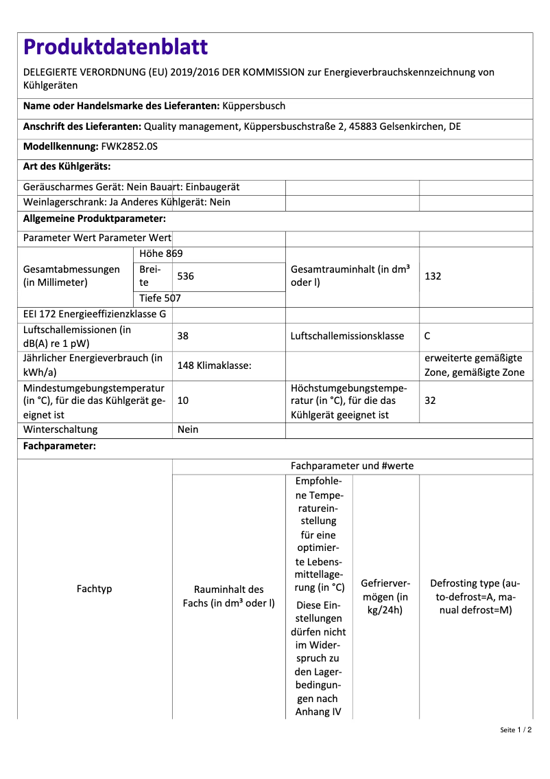 Page 1 de la notice Label énergétique Küppersbusch FWK2852.0S