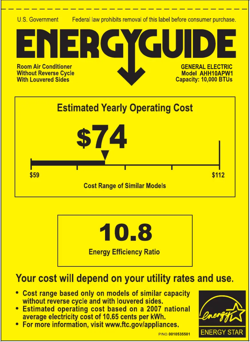 Page 1 de la notice Label énergétique GE AHH10AP