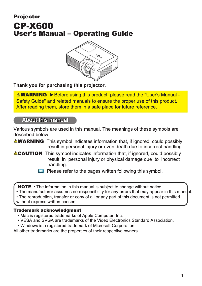 Image de la première page du manuel de l'appareil CP-X600