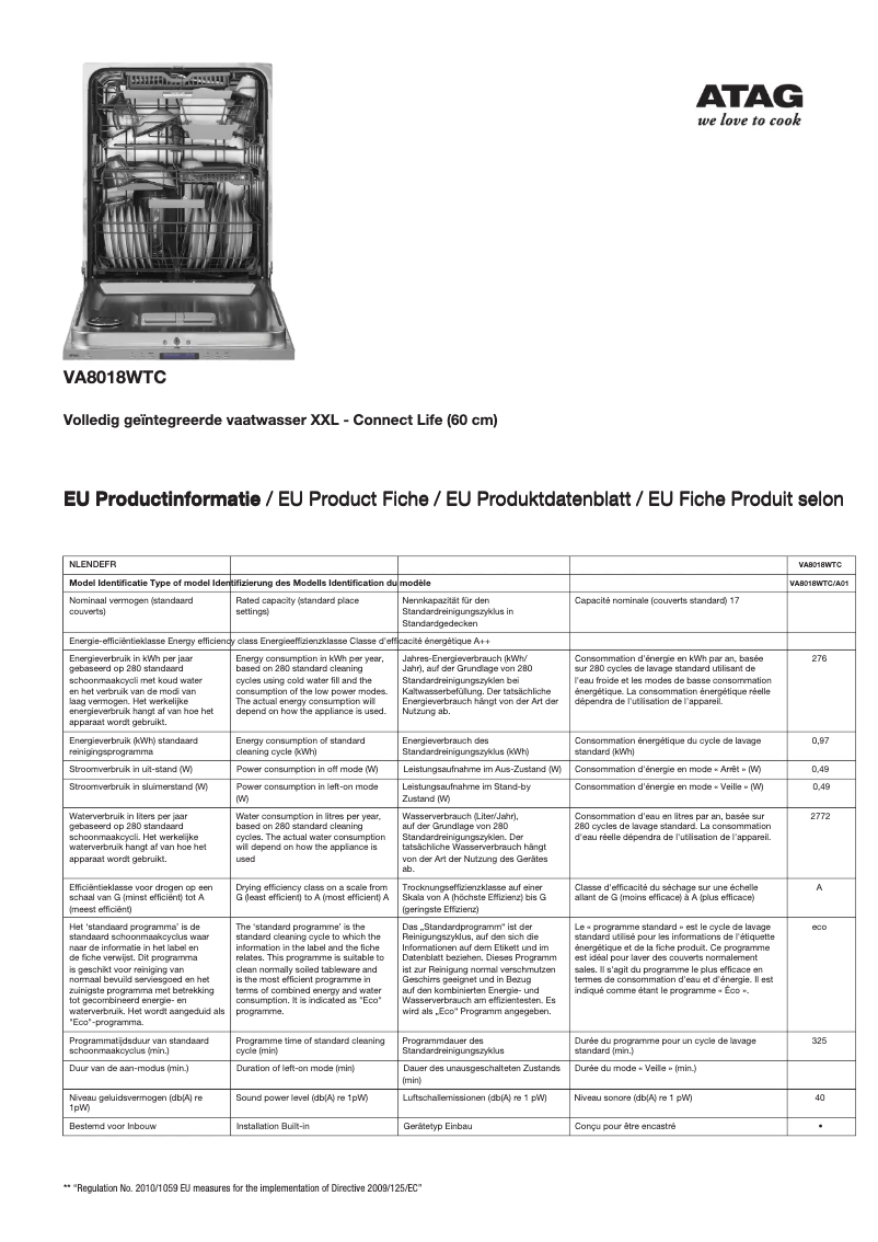 Page 1 de la notice Fiche technique Atag VA8018WTC