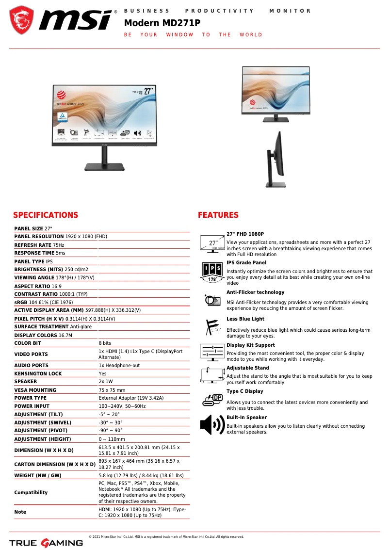 Página 1 del manual Ficha técnica MSI Modern MD271P