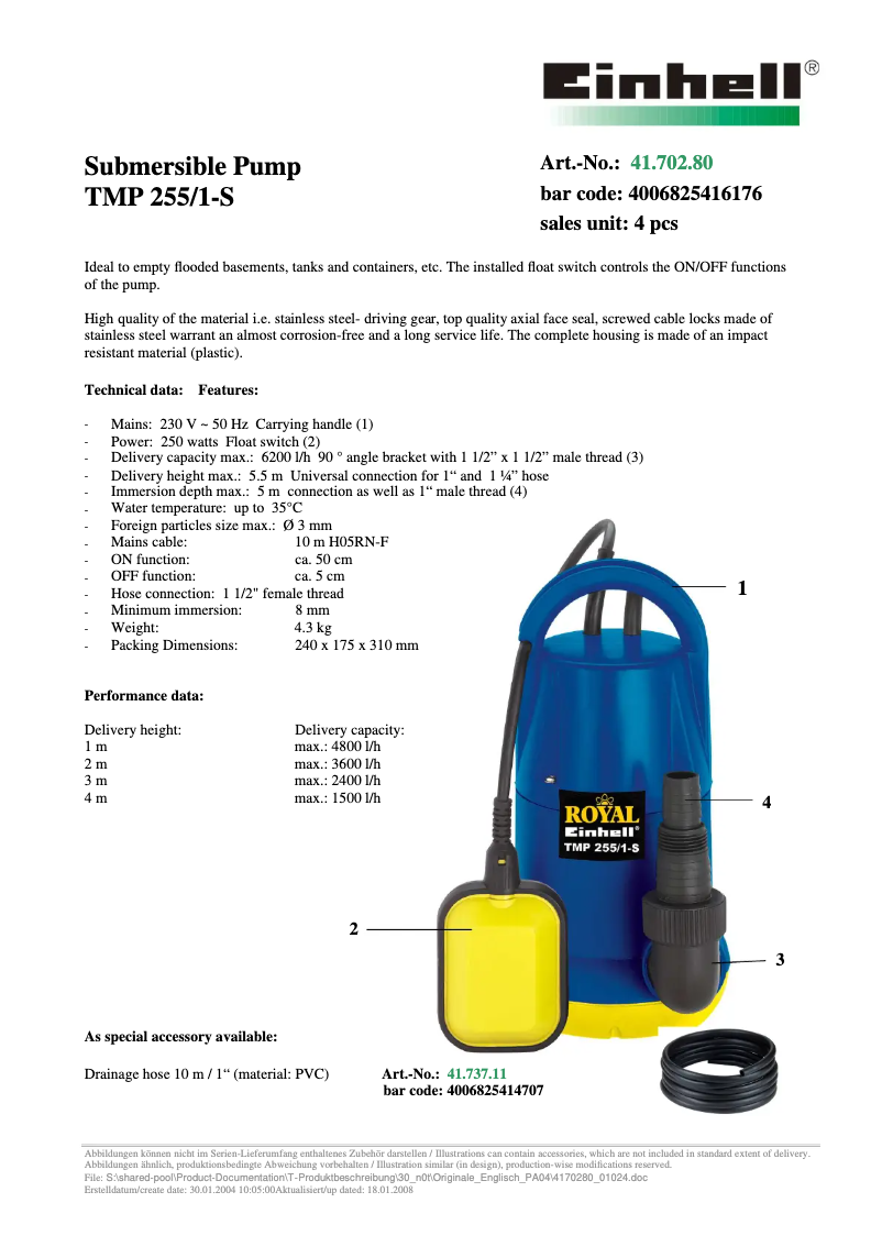 Page n°1 - Fiche technique Einhell Royal TMP 255/1-S