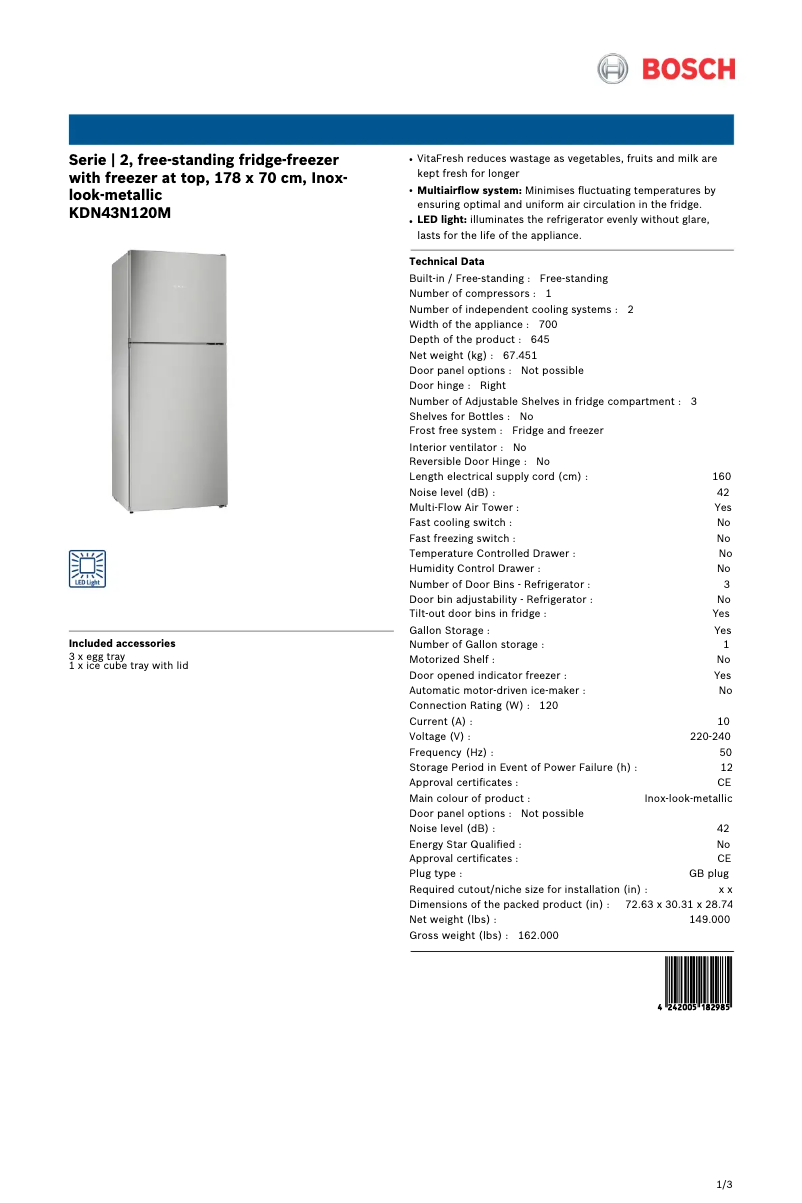 Page 1 de la notice Fiche technique Bosch KDN43N120M