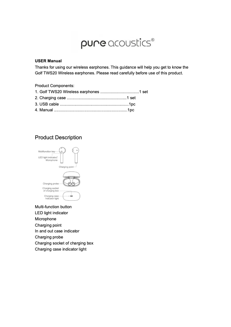 Page 1 de la notice Manuel utilisateur Pure Acoustics Golf TWS20