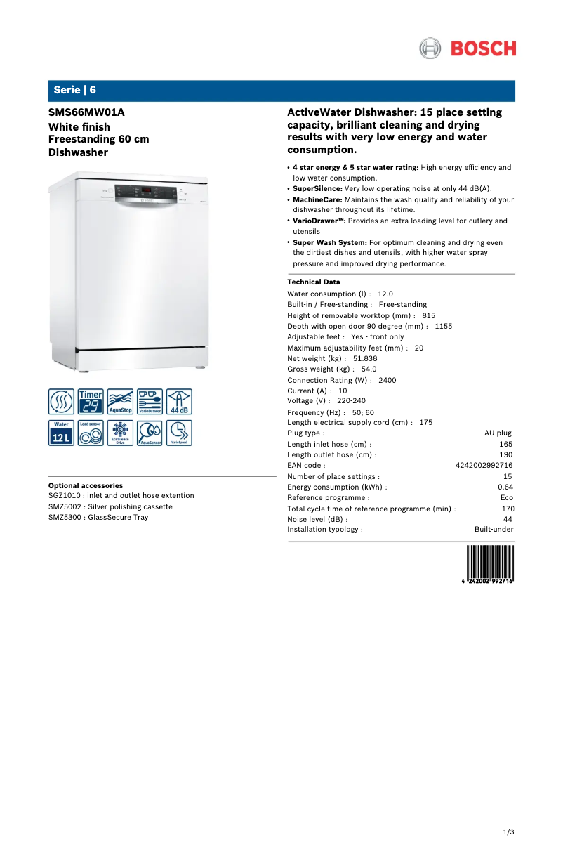 Página 1 del manual Ficha técnica Bosch SMS66MW01A