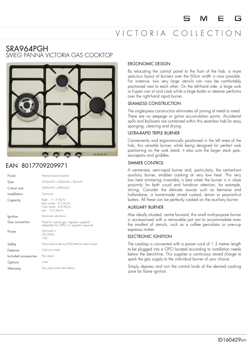 Page 1 de la notice Fiche technique Smeg SRA964PGH