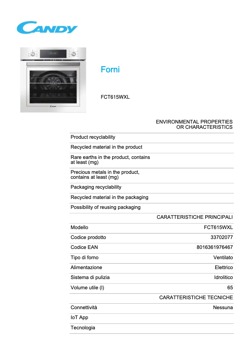 Page 1 de la notice Fiche technique Candy FCT615WXL