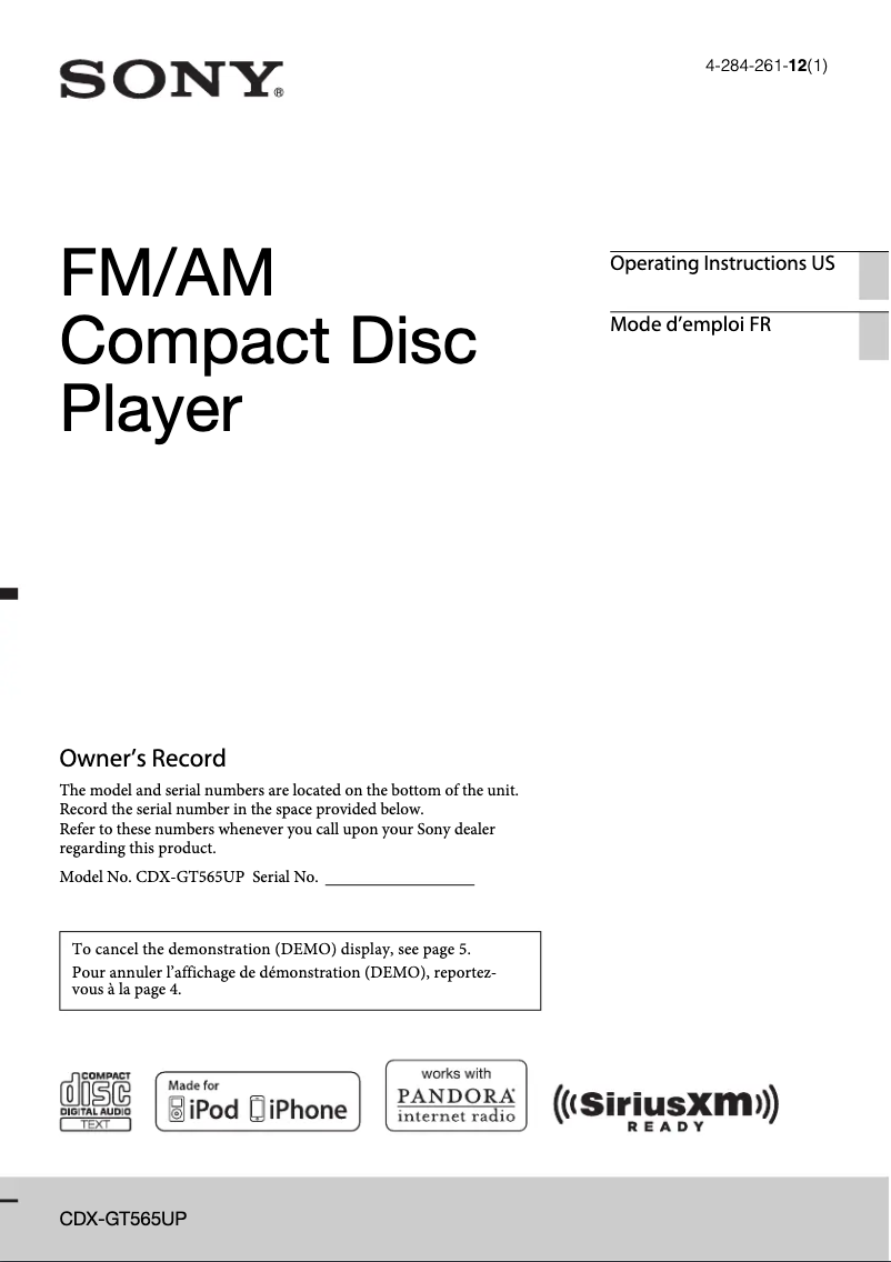 Page 1 de la notice Manuel utilisateur Sony CDX-GT565UP