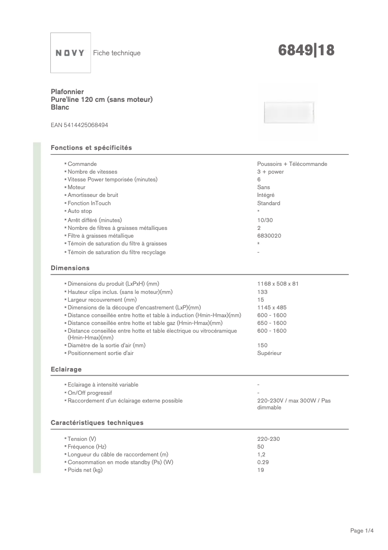 Page n°1 - Fiche technique Novy Pure'line 6849